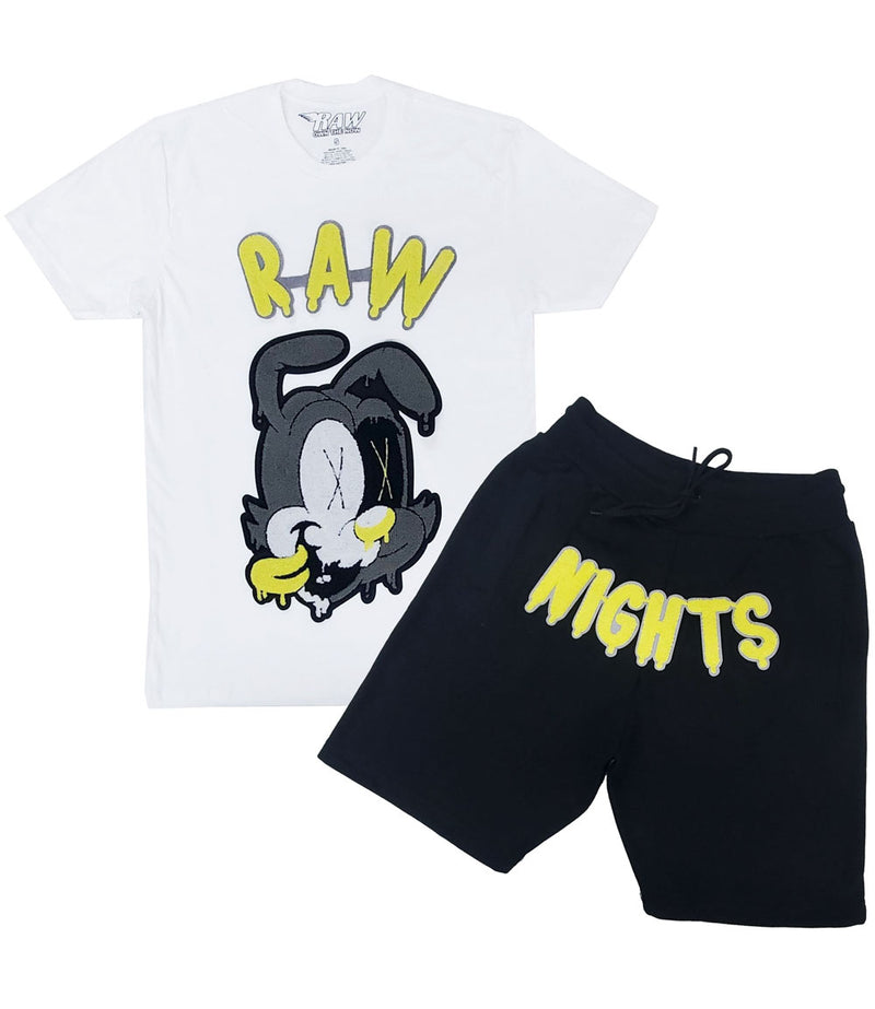 Men RAW Nights Yellow Chenille Crew Neck and Cotton Shorts Set - White Tees / Black Shorts - Rawyalty Clothing