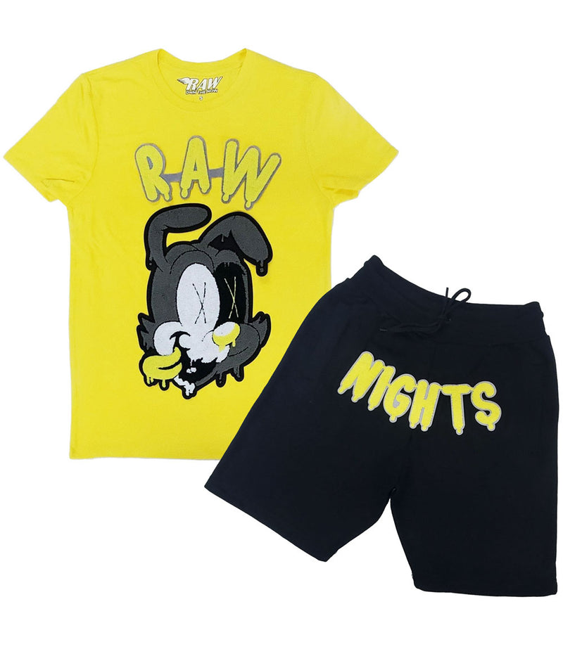 Men RAW Nights Yellow Chenille Crew Neck and Cotton Shorts Set - Yellow Tees / Black Shorts - Rawyalty Clothing