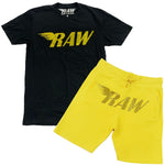 Men RAW Wing Yellow Bling Crew Neck and Cotton Shorts Set - Black Tees / Yellow Shorts - Rawyalty Clothing