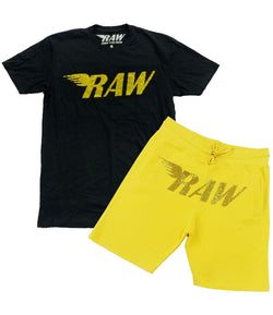 Men RAW Wing Yellow Bling Crew Neck and Cotton Shorts Set - Black Tees / Yellow Shorts - Rawyalty Clothing