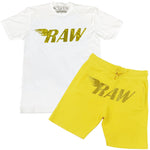 Men RAW Wing Yellow Bling Crew Neck and Cotton Shorts Set - White Tees / Yellow Shorts - Rawyalty Clothing