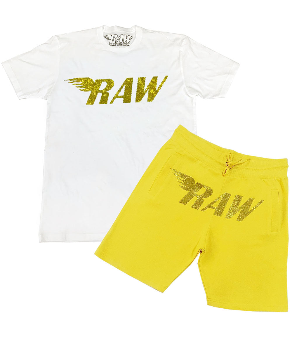 Men RAW Wing Yellow Bling Crew Neck and Cotton Shorts Set - White Tees / Yellow Shorts - Rawyalty Clothing