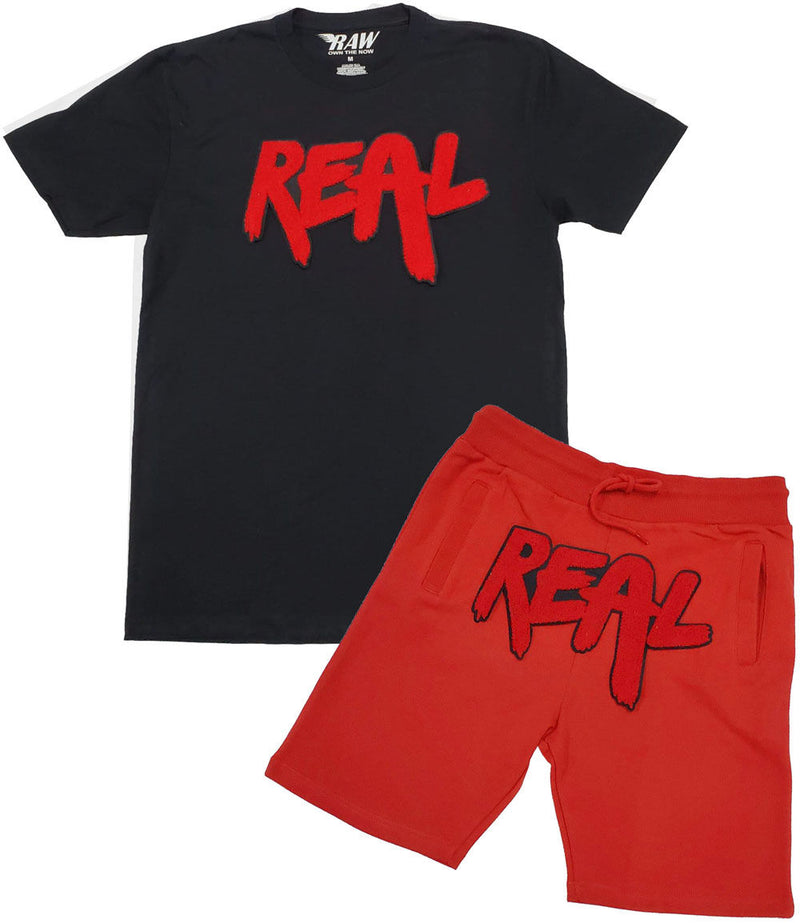 Men Real Red Chenille Crew Neck and Cotton Shorts Set - Black Tee / Red Shorts - Rawyalty Clothing