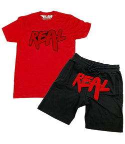 Men Real Red Chenille Crew Neck and Cotton Shorts Set - Red Tees / Black Shorts - Rawyalty Clothing