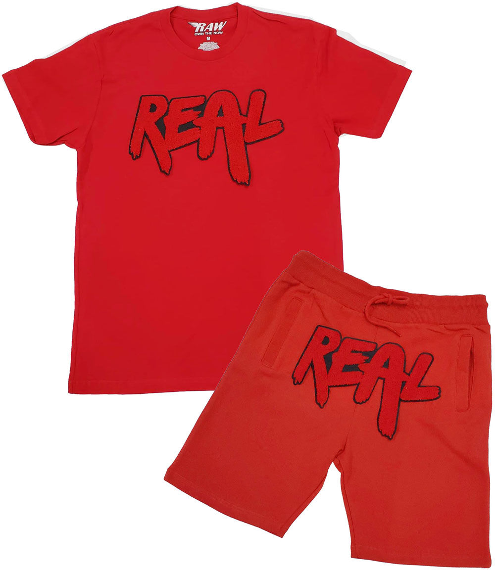 Men Real Red Chenille Crew Neck and Cotton Shorts Set - Red Tee / Red Shorts - Rawyalty Clothing