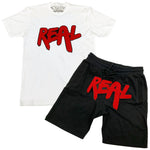 Men Real Red Chenille Crew Neck and Cotton Shorts Set - White Tees / Black Shorts - Rawyalty Clothing