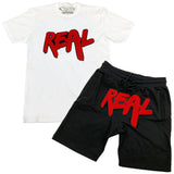 Men Real Red Chenille Crew Neck and Cotton Shorts Set - White Tees / Black Shorts - Rawyalty Clothing