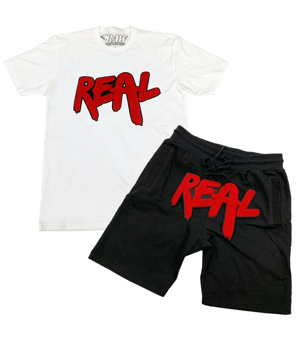 Men Real Red Chenille Crew Neck and Cotton Shorts Set - White Tees / Black Shorts - Rawyalty Clothing