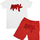 Men Real Red Chenille Crew Neck and Cotton Shorts Set - White Tee / Red Shorts - Rawyalty Clothing