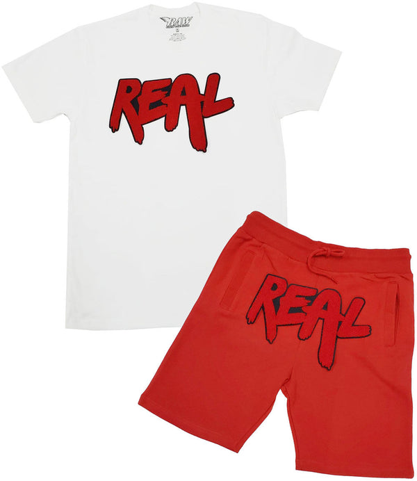 Men Real Red Chenille Crew Neck and Cotton Shorts Set - White Tee / Red Shorts - Rawyalty Clothing