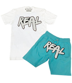 Real White Chenille Crew Neck and Cotton Shorts Set - White Tees / Aqua Shorts - Rawyalty Clothing
