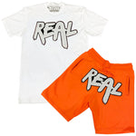 Real White Chenille Crew Neck and Cotton Shorts Set - White Tee / Neon Orange Shorts - Rawyalty Clothing