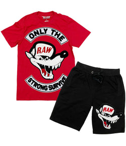 Men Survive Chenille Crew Neck and Cotton Shorts Set - Red Tees / Black Shorts - Rawyalty Clothing