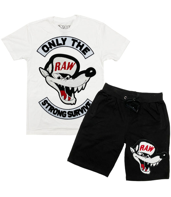 Men Survive Chenille Crew Neck and Cotton Shorts Set - White Tees / Black Shorts - Rawyalty Clothing
