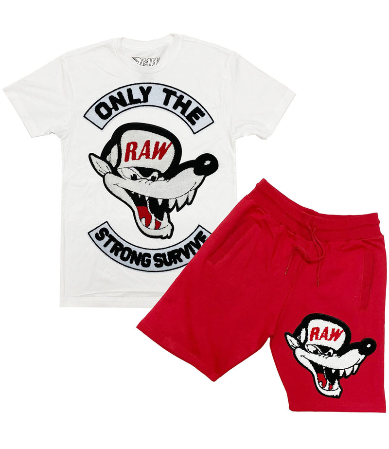 Men Survive Chenille Crew Neck and Cotton Shorts Set - White Tees / Red Shorts - Rawyalty Clothing
