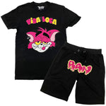 Men Vida Loca Chenille Crew Neck and RAW Drip Hot Pink Chenille Cotton Shorts Set - Black Tees / Black Shorts - Rawyalty Clothing