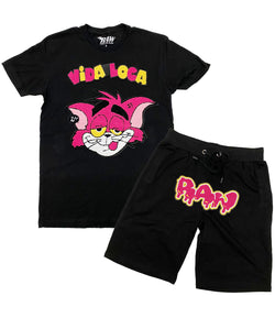 Men Vida Loca Chenille Crew Neck and RAW Drip Hot Pink Chenille Cotton Shorts Set - Black Tees / Black Shorts - Rawyalty Clothing