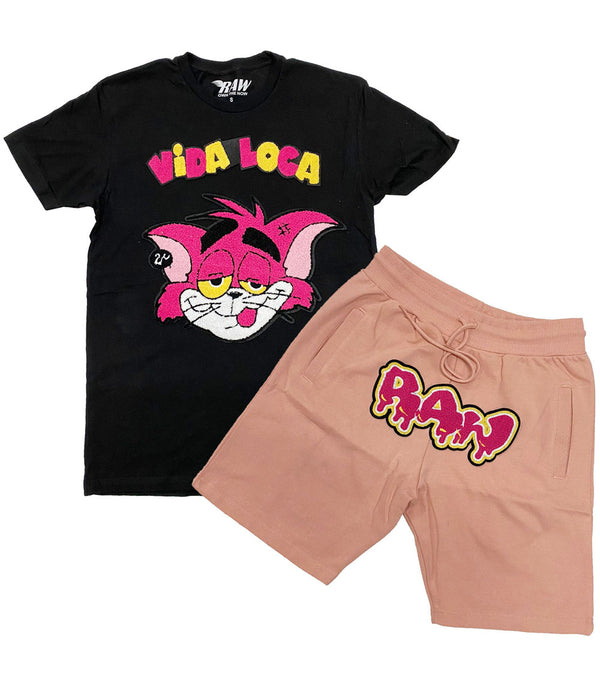 Men Vida Loca Chenille Crew Neck and RAW Drip Hot Pink Chenille Cotton Shorts Set - Black Tees / Peach Shorts - Rawyalty Clothing