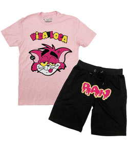 Men Vida Loca Chenille Crew Neck and RAW Drip Hot Pink Chenille Cotton Shorts Set - Pink Tees / Black Shorts - Rawyalty Clothing