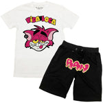 Men Vida Loca Chenille Crew Neck and RAW Drip Hot Pink Chenille Cotton Shorts Set - White Tees / Black Shorts - Rawyalty Clothing