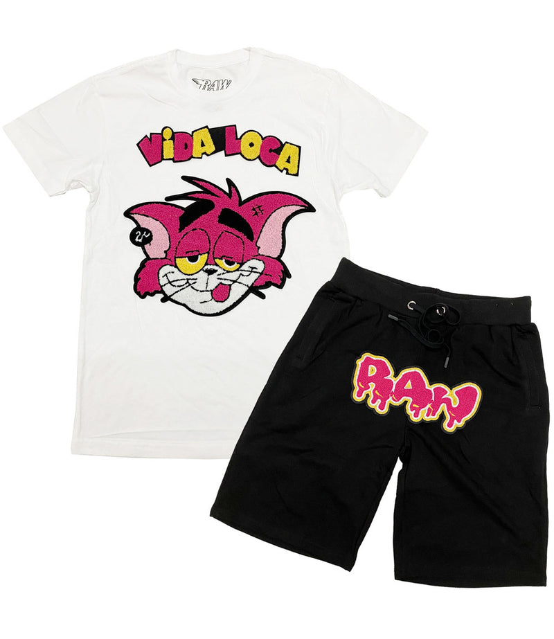 Men Vida Loca Chenille Crew Neck and RAW Drip Hot Pink Chenille Cotton Shorts Set - White Tees / Black Shorts - Rawyalty Clothing
