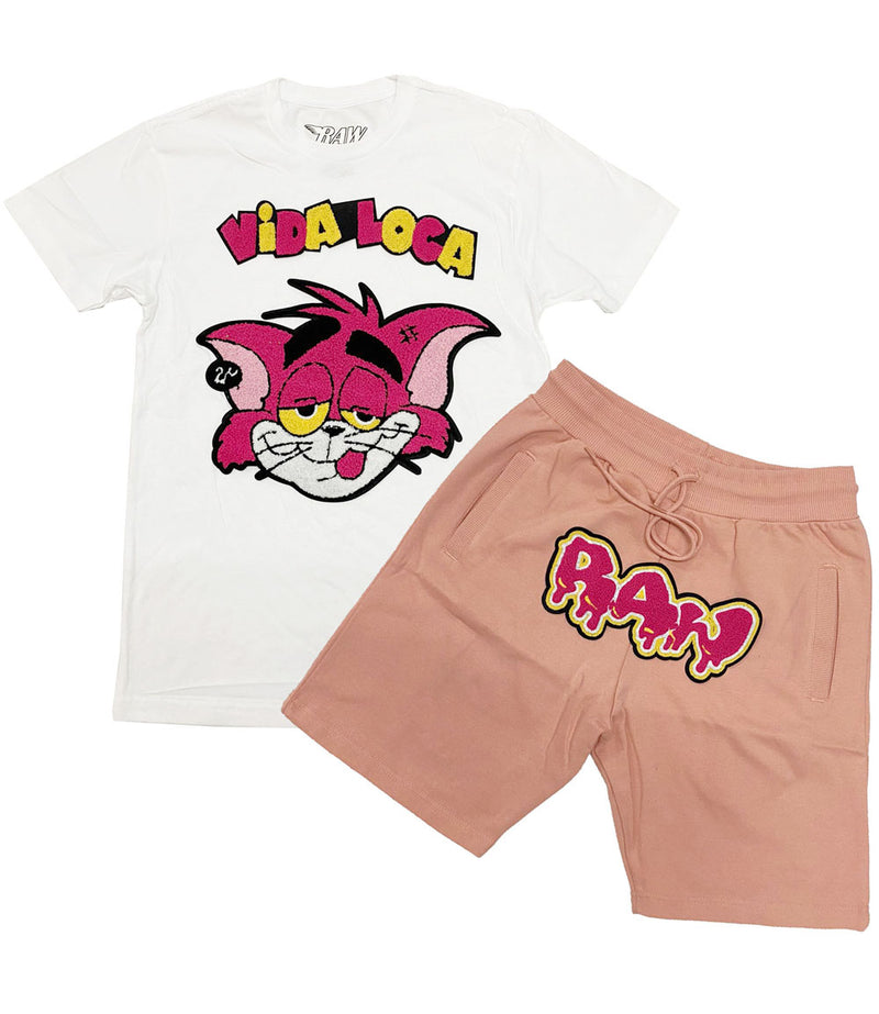 Men Vida Loca Chenille Crew Neck and RAW Drip Hot Pink Chenille Cotton Shorts Set - White Tees / Peach Shorts - Rawyalty Clothing