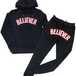 Men BELIEVER Chenille Hoodie and Joggers Set - Black Hoodie / Black Jogger - Rawyalty Clothing