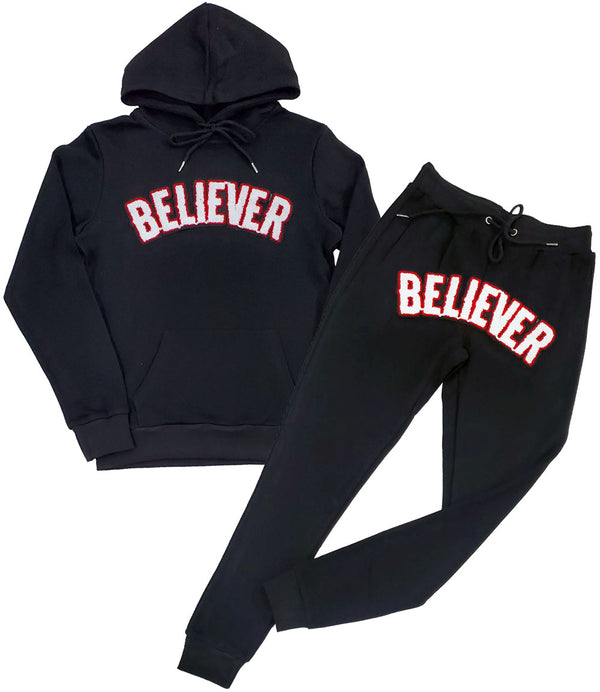 Men BELIEVER Chenille Hoodie and Joggers Set - Black Hoodie / Black Jogger - Rawyalty Clothing