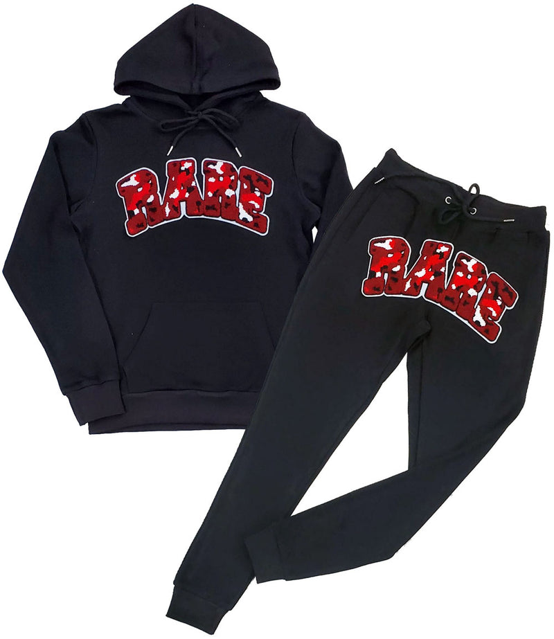 Men RARE Camo Red Chenille Hoodie and Joggers Set - Black Hoodie / Black Jogger - Rawyalty Clothing