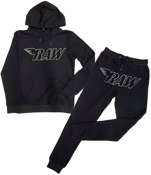 Men RAW Black Chenille Hoodie and Jogger Set - Black Hoodie / Black Jogger - Rawyalty Clothing