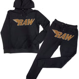 Men RAW Brown Chenille Hoodie and Jogger Set - Black Hoodie / Black Jogger - Rawyalty Clothing