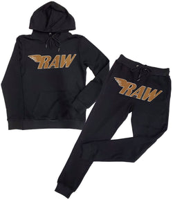 Men RAW Brown Chenille Hoodie and Jogger Set - Black Hoodie / Black Jogger - Rawyalty Clothing