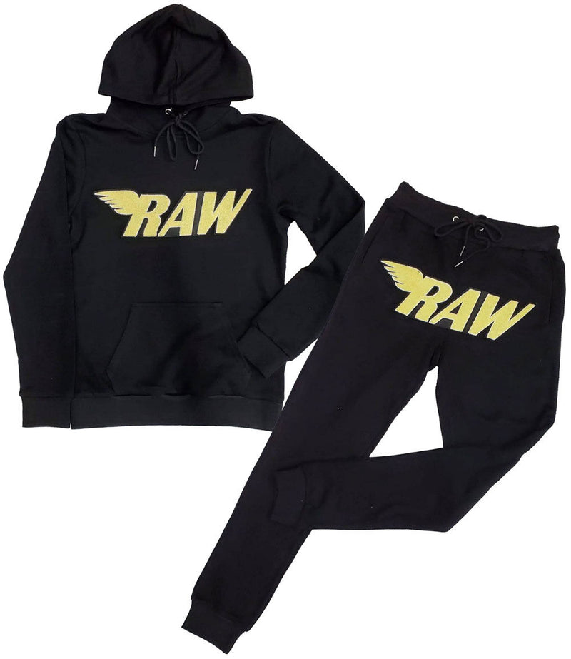 Men RAW Bright Yellow Chenille Hoodie and Jogger Set - Black Hoodie / Black Jogger - Rawyalty Clothing
