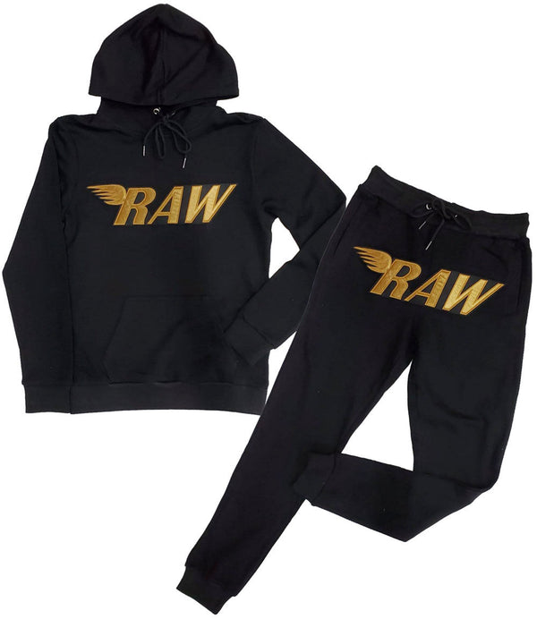 Men RAW Wing Gold Velvet Hoodie and Jogger Set - Black Hoodie / Black Jogger - Rawyalty Clothing