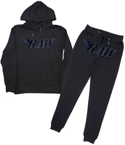 Men RAW Navy Velvet Hoodie and Jogger Set - Black Hoodie / Black Jogger - Rawyalty Clothing