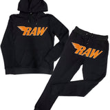 Men RAW Orange Chenille Hoodie and Jogger Set - Black Hoodie / Black Jogger - Rawyalty Clothing