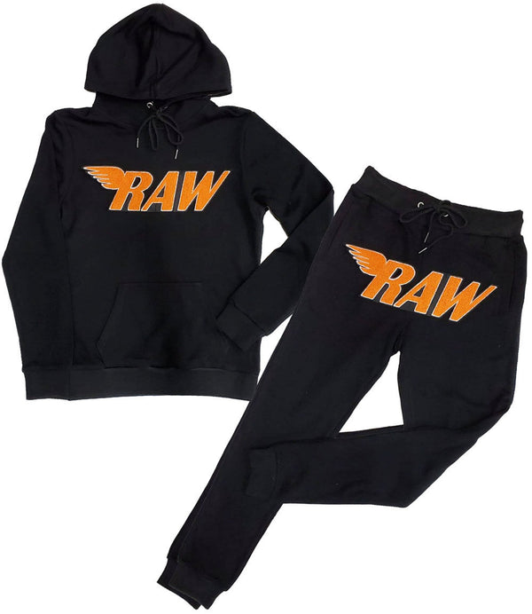 Men RAW Orange Chenille Hoodie and Jogger Set - Black Hoodie / Black Jogger - Rawyalty Clothing