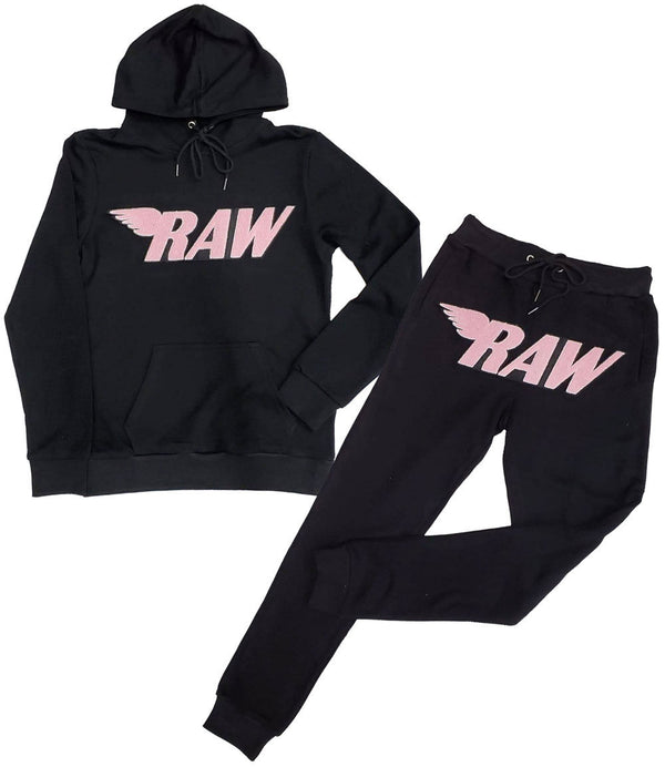 Men RAW Pink Chenille Hoodie and Jogger Set - Black Hoodie / Black Jogger - Rawyalty Clothing
