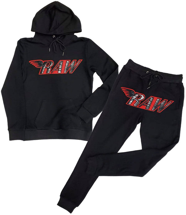 Men RAW PU Red Hoodie and Jogger Set - Black Hoodie / Black Jogger - Rawyalty Clothing
