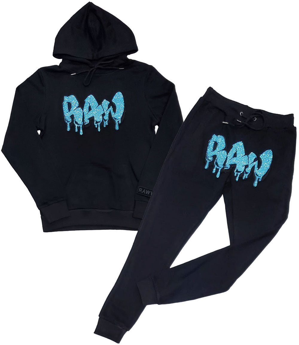 Men RAW Drip Aqua Bling Hoodie and Joggers Set - Black Hoodie / Black Jogger - Rawyalty Clothing
