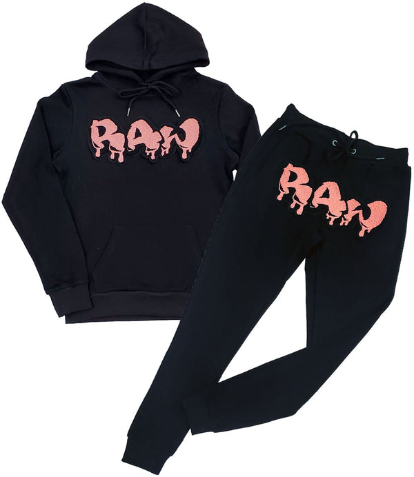 Men RAW Drip Peach Chenille Hoodie and Joggers Set - Black Hoodie / Black Jogger - Rawyalty Clothing