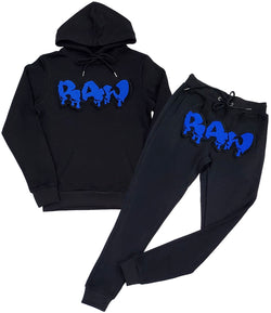 Men RAW Drip Royal Chenille Hoodie and Joggers Set - Black Hoodie / Black Jogger - Rawyalty Clothing