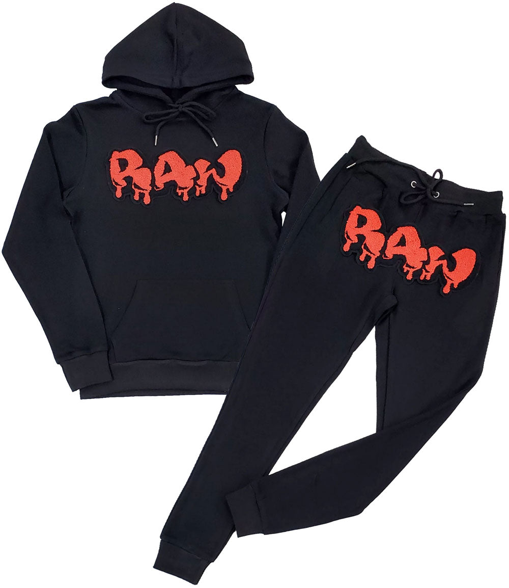 Men RAW Drip Tangerine Chenille Hoodie and Joggers Set - Black Hoodie / Black Jogger - Rawyalty Clothing