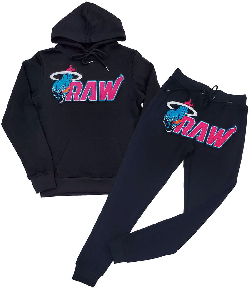 Men RAW Heat Chenille Hoodie and Joggers Set - Black Hoodie / Black Jogger - Rawyalty Clothing