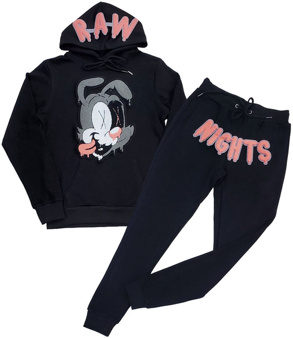 Men RAW Nights Peach Chenille Hoodie and Joggers Set - Black Hoodie / Black Jogger - Rawyalty Clothing