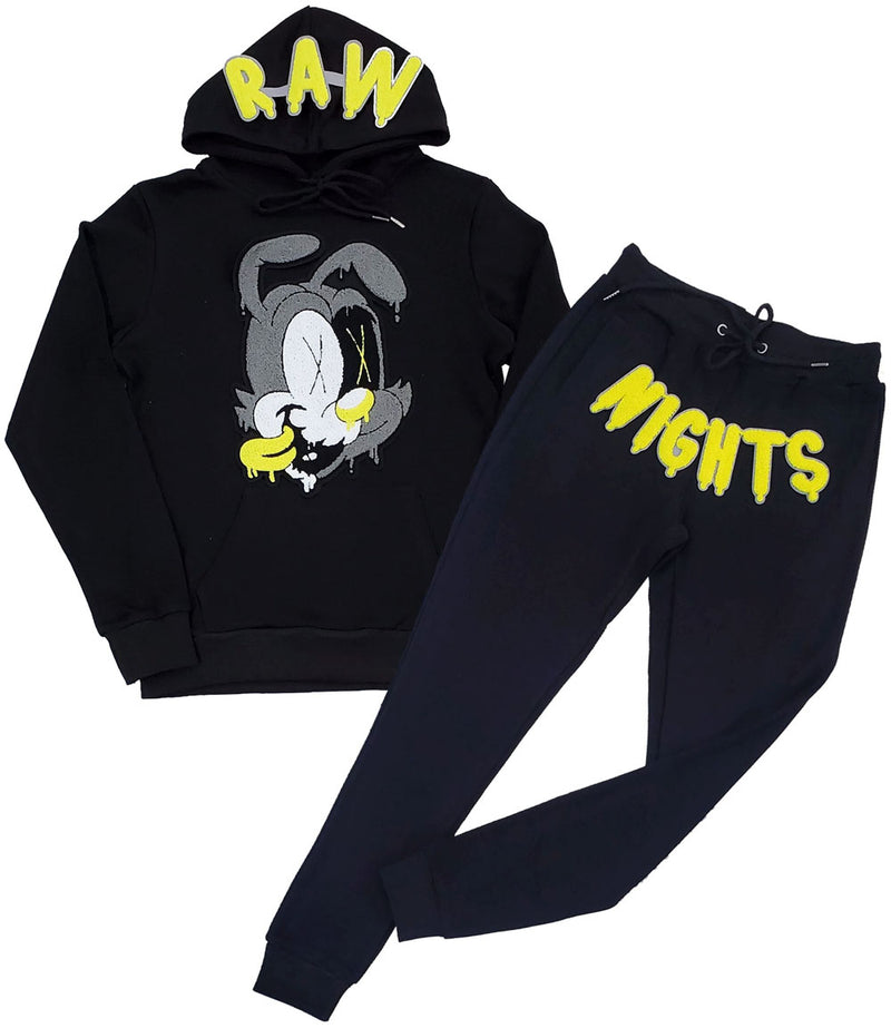 Men RAW Nights Yellow Chenille Hoodie and Joggers Set - Black Hoodie / Black Jogger - Rawyalty Clothing