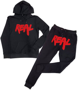 Men Real Red Chenille Hoodie and Jogger Set - Black Hoodie / Black Jogger - Rawyalty Clothing