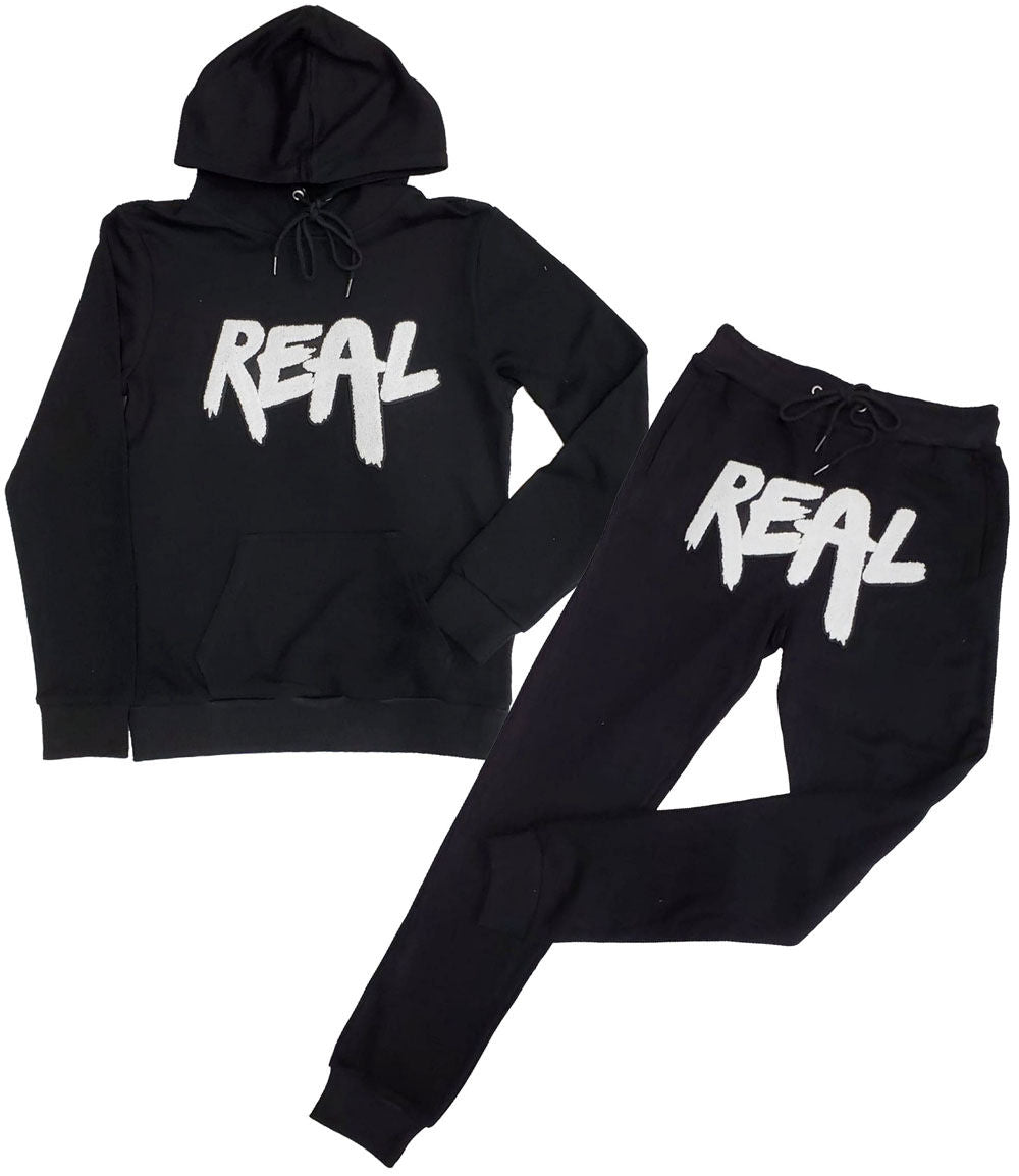 Men Real White Chenille Hoodie and Jogger Set - Black Hoodie / Black Jogger - Rawyalty Clothing