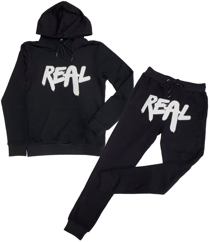 Men Real White Chenille Hoodie and Jogger Set - Black Hoodie / Black Jogger - Rawyalty Clothing