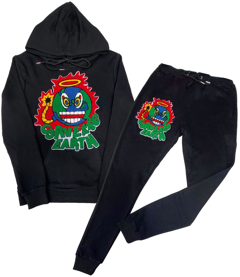 Men Save The Earth Chenille Hoodie and Joggers Set - Black Hoodie / Black Jogger - Rawyalty Clothing